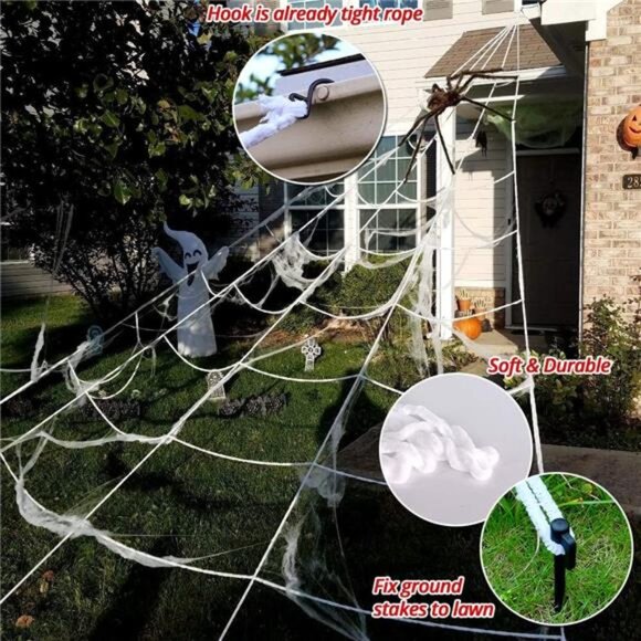 Halloween Spider Web with 59" Giant Spider – Triangular Fake Web - Picture 4 of 8